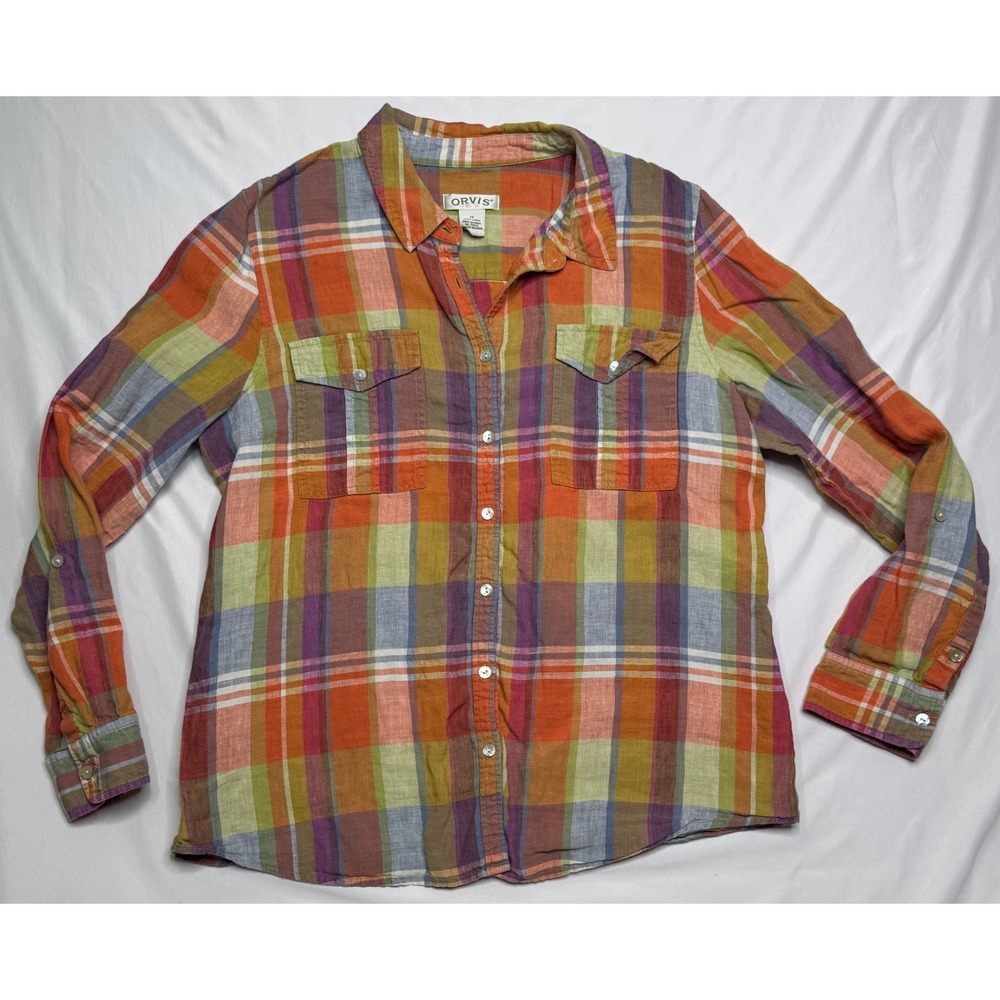 Orvis 100% Linen Plaid‎ Button Up Shirt Long Sleeve Roll Tab Womens Size 16